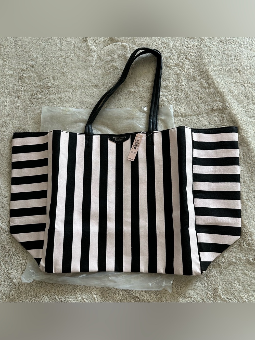Victoria's Secret Canvas Tote Bag New NWT pale pink and black stripes